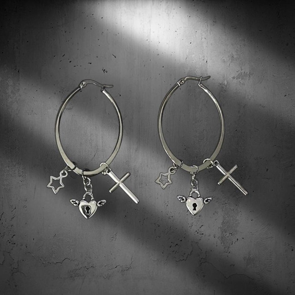 Silvery Oval Charm Hoop Earrings